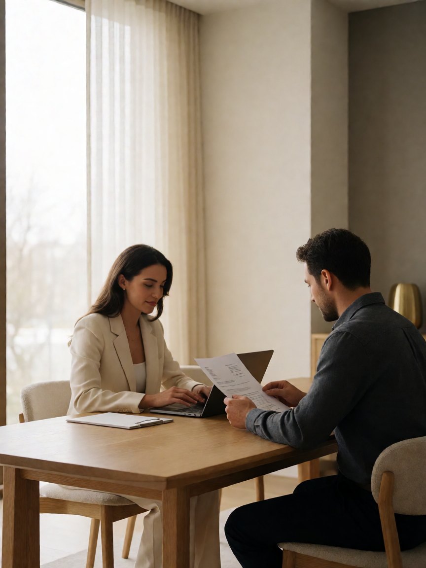 商務洽談：兩位專業人士在明亮的現代辦公室中討論專案 Business consultation in a bright modern office